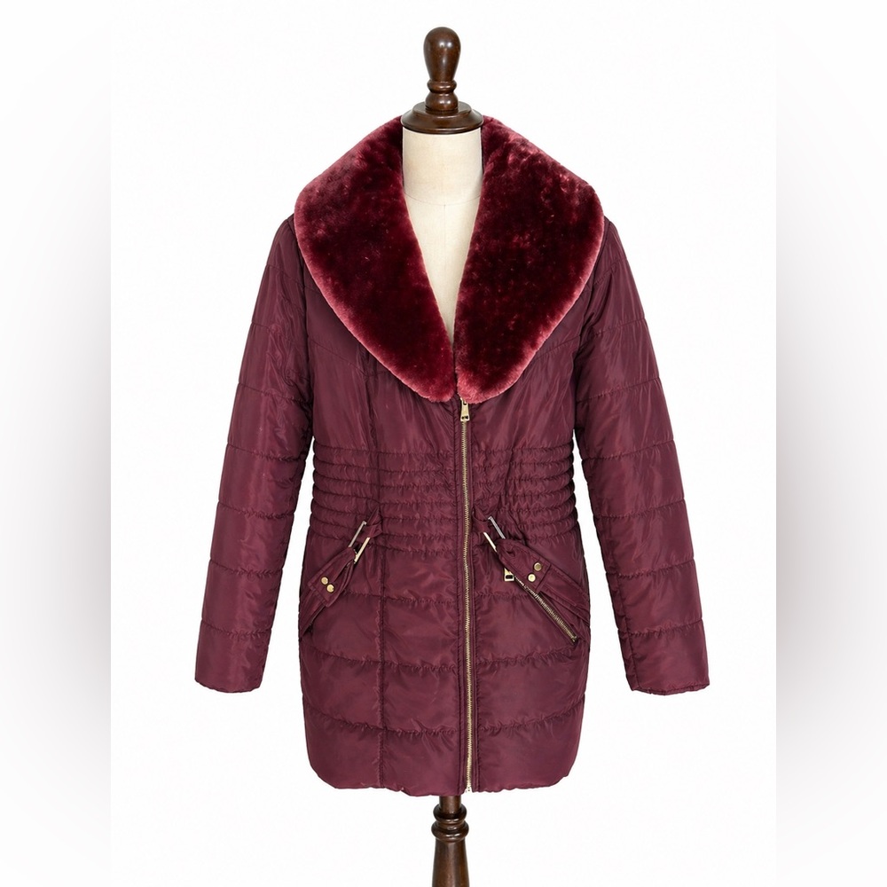 Marezzi Couture Burgundy Puffer Coat Faux Fur Collar Quilted Waist XL
